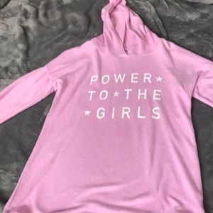 a pink long sleeve with a hoodie